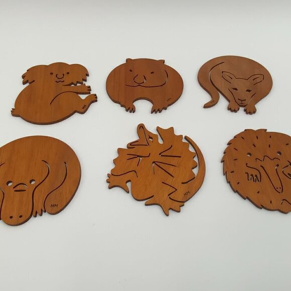 Mugmates Coasters Set 6 Teak Wood Animals from Australia Marked MM - Picture 7 of 8